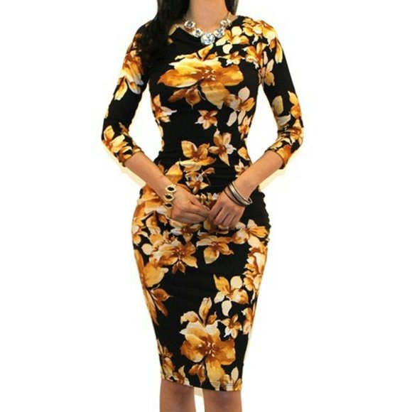 Got Style Donnetta Black Yellow Floral 3/4 Sleeve Bodycon Party Cocktail Dress - Picture 4 of 4